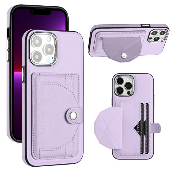 ELEHOLD Leather Wallet Case For iPhone 13 Pro,Premium Leather Material with Back Card Holders Magnetic Button Full Body Shockproof Luxury Case,Purple
