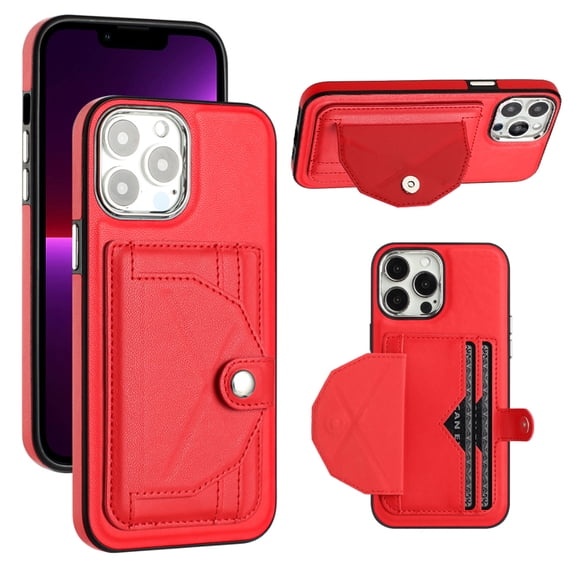 ELEHOLD Leather Wallet Case For iPhone 13 Pro,Premium Leather Material with Back Card Holders Magnetic Button Full Body Shockproof Luxury Case,Red