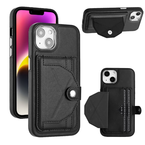 ELEHOLD Leather Wallet Case For iPhone 14 Plus,Premium Leather Material with Back Card Holders Magnetic Button Full Body Shockproof Luxury Case,Black