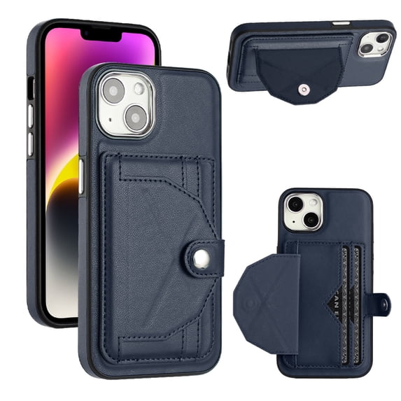 ELEHOLD Leather Wallet Case For iPhone 14,Premium Leather Material with Back Card Holders Magnetic Button Full Body Shockproof Luxury Case,Blue