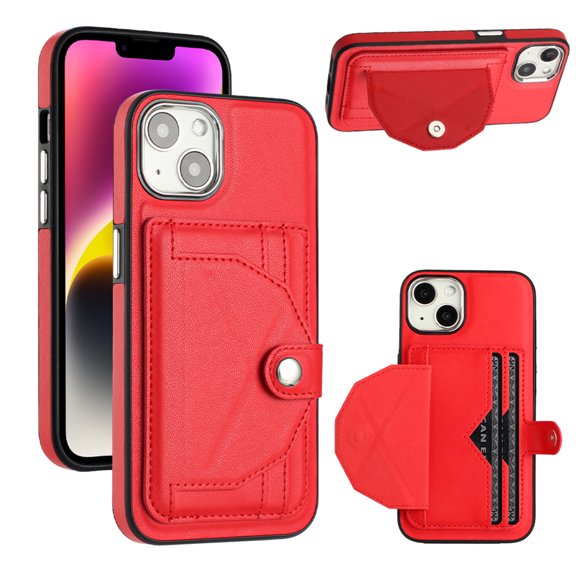 ELEHOLD Leather Wallet Case For iPhone 14,Premium Leather Material with Back Card Holders Magnetic Button Full Body Shockproof Luxury Case,Red