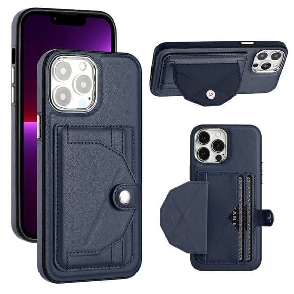 ELEHOLD Leather Wallet Case For iPhone 14 Pro,Premium Leather Material with Back Card Holders Magnetic Button Full Body Shockproof Luxury Case,Blue
