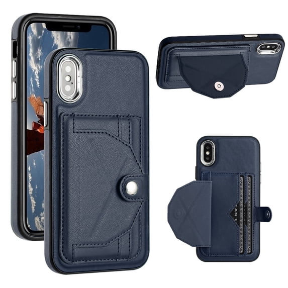 ELEHOLD Leather Wallet Case For iPhone XS Max,Premium Leather Material with Back Card Holders Magnetic Button Full Body Shockproof Luxury Case,Blue