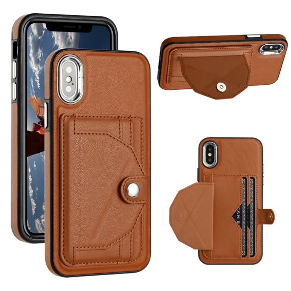ELEHOLD Leather Wallet Case For iPhone XS Max,Premium Leather Material with Back Card Holders Magnetic Button Full Body Shockproof Luxury Case,Brown