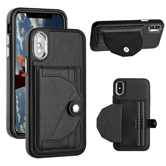 ELEHOLD Leather Wallet Case For iPhone XS/X,Premium Leather Material with Back Card Holders Magnetic Button Full Body Shockproof Luxury Case,Black