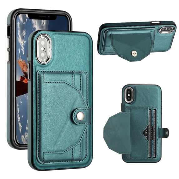 ELEHOLD Leather Wallet Case For iPhone XS/X,Premium Leather Material with Back Card Holders Magnetic Button Full Body Shockproof Luxury Case,Green