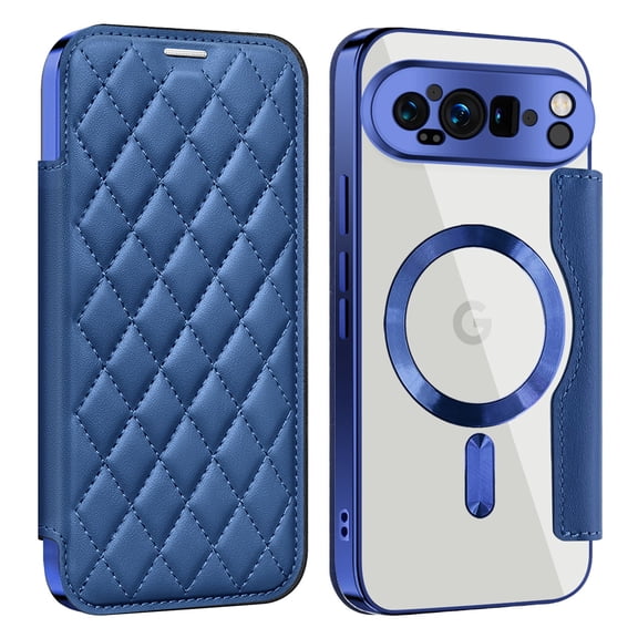 ELEHOLD Leather Wallet Case for Google Pixel 10 Pro Built-in Lens Protector ,Compatible with Mag-safe Accessories, Shockproof RFID Blocking Card Slot Leather Magnetic Cover Women Men, Royalblue