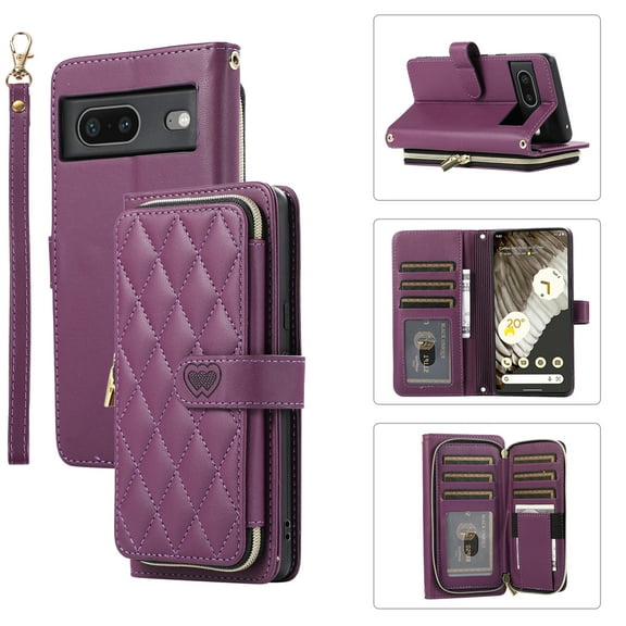 ELEHOLD Leather Wallet Case for Google Pixel 6a with Zipper Card Wallet Pocket Magnetic Buckle Stand Function Detachable Crossbody Metal Chain Strap Lanyard Shockproof Case,darkpurple