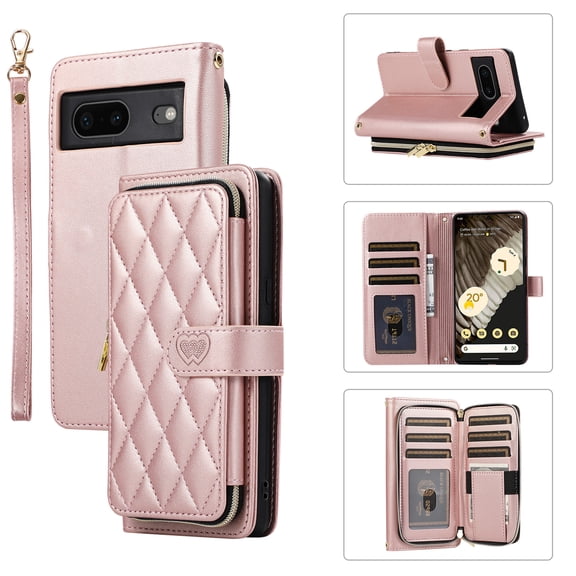 ELEHOLD Leather Wallet Case for Google Pixel 7 with Zipper Card Wallet Pocket Magnetic Buckle Stand Function Detachable Crossbody Metal Chain Strap Lanyard Shockproof Case,rosegold
