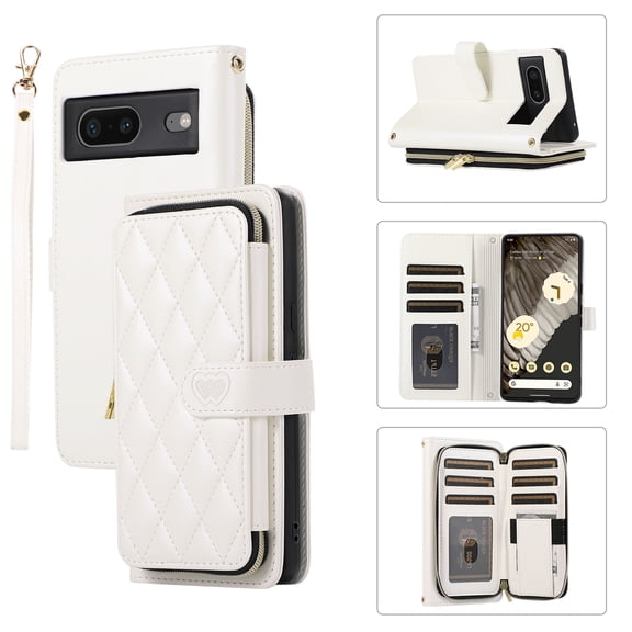 ELEHOLD Leather Wallet Case for Google Pixel 7 with Zipper Card Wallet Pocket Magnetic Buckle Stand Function Detachable Crossbody Metal Chain Strap Lanyard Shockproof Case,white