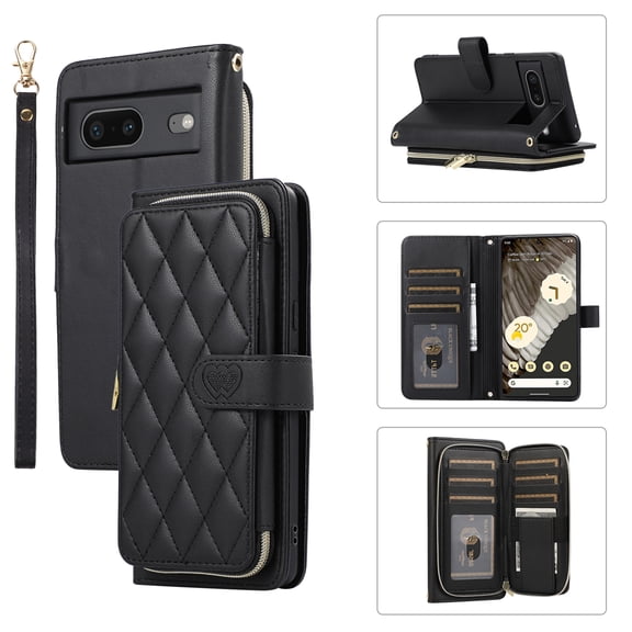 ELEHOLD Leather Wallet Case for Google Pixel 8 with Zipper Card Wallet Pocket Magnetic Buckle Stand Function Detachable Crossbody Metal Chain Strap Lanyard Shockproof Case,black