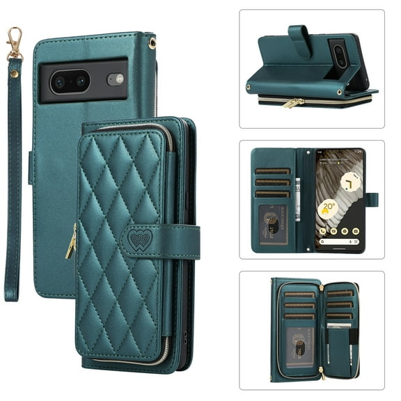 ELEHOLD Leather Wallet Case for Google Pixel 8 with Zipper Card Wallet Pocket Magnetic Buckle Stand Function Detachable Crossbody Metal Chain Strap Lanyard Shockproof Case,darkgreen
