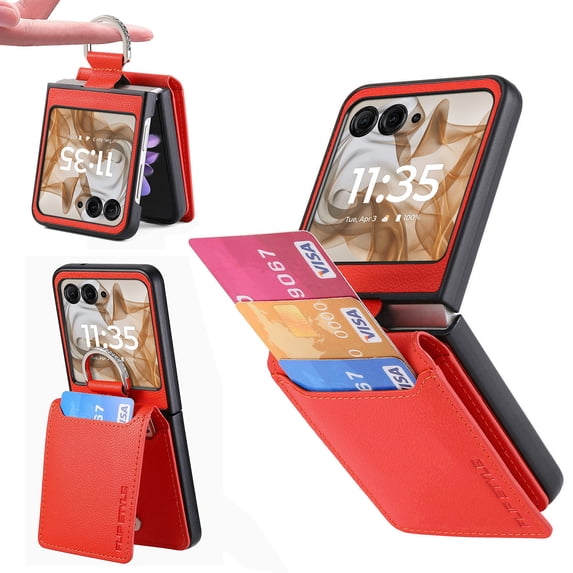 ELEHOLD Leather Wallet Case for Motorola Motorola Razr+ 2025/2024 with Card Slot Finger Ring Holder Slim Thin Premium PU Leather Anti-Scratch Shockproof Protective Case for Men Women, Orange