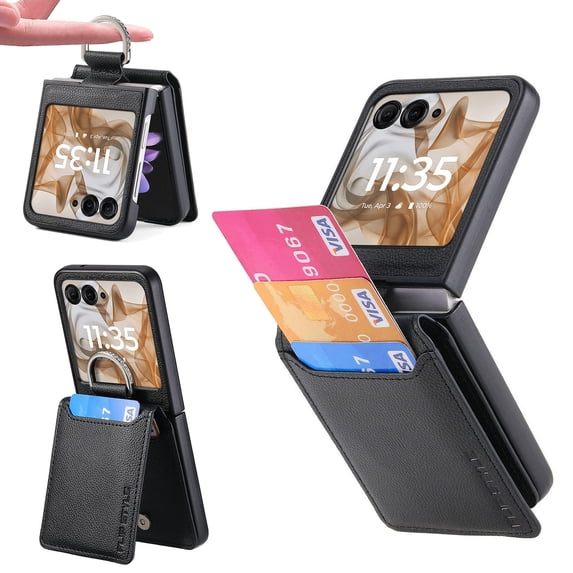 ELEHOLD Leather Wallet Case for Motorola Motorola Razr+ 2024 with Card Slot Finger Ring Holder Slim Thin Premium PU Leather Anti-Scratch Shockproof Protective Case for Men Women, Black