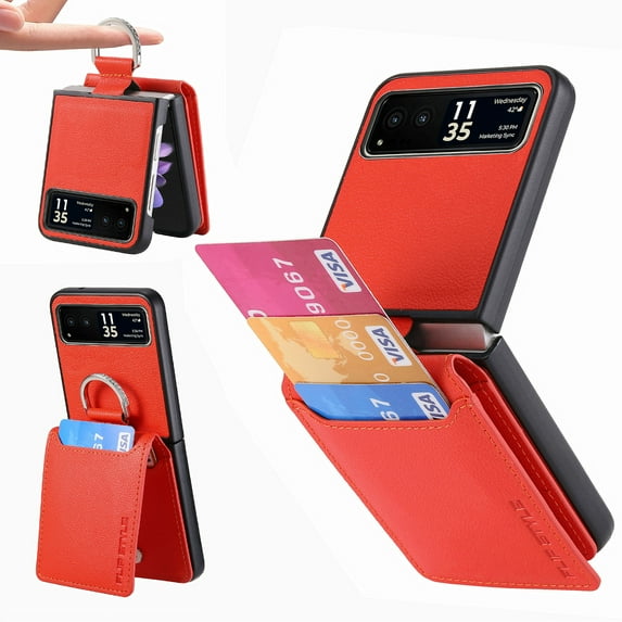 ELEHOLD Leather Wallet Case for Motorola Razr 40 with Card Slot Finger Ring Holder Slim Thin Premium PU Leather Anti-Scratch Shockproof Protective Case for Men Women, Orange