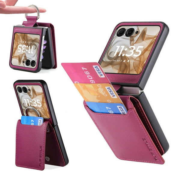 ELEHOLD Leather Wallet Case for Motorola Razr Ultra 2025/ Motorola Razr 60 Ultra, with Card Slot Finger Ring Holder Slim Thin Premium PU Leather Anti-Scratch Shockproof Protective Case, Purple