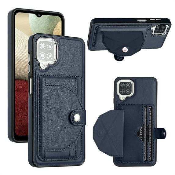 ELEHOLD Leather Wallet Case For Samsung Galaxy A12,Premium Leather Material with Back Card Holders Magnetic Button Full Body Shockproof Luxury Case,Blue