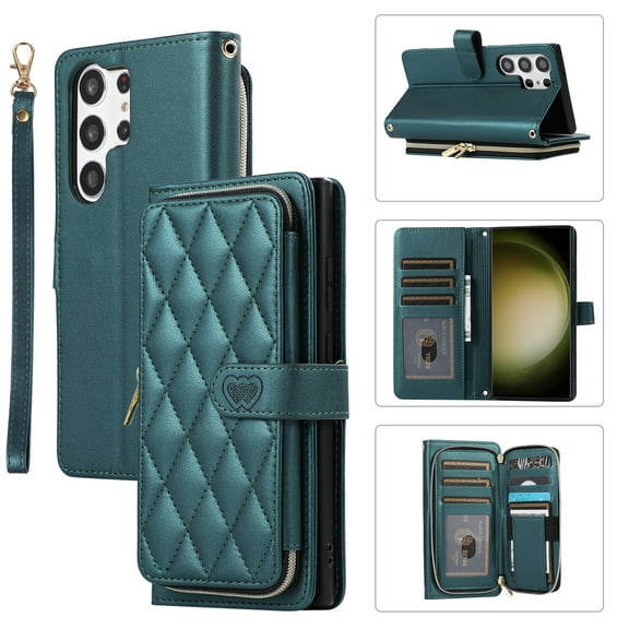 ELEHOLD Leather Wallet Case for Samsung Galaxy A22 5G with Zipper Card Wallet Pocket Magnetic Buckle Stand Function Detachable Crossbody Metal Chain Strap Lanyard Shockproof Case,darkgreen