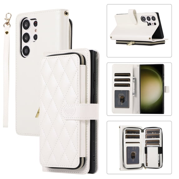 ELEHOLD Leather Wallet Case for Samsung Galaxy A22 5G with Zipper Card Wallet Pocket Magnetic Buckle Stand Function Detachable Crossbody Metal Chain Strap Lanyard Shockproof Case,white