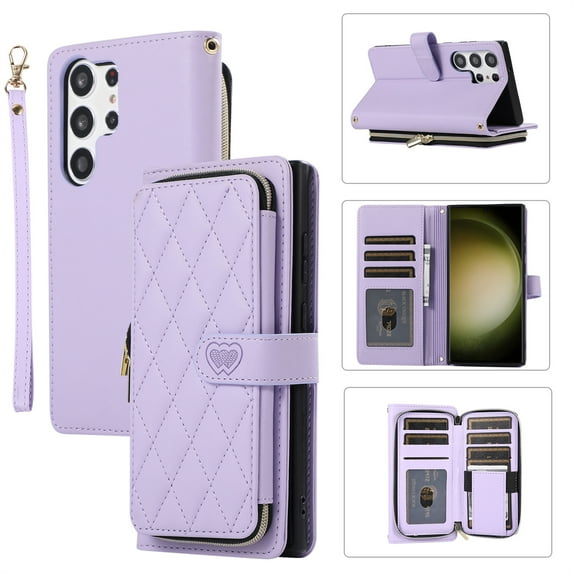 ELEHOLD Leather Wallet Case for Samsung Galaxy A32 4G with Zipper Card Wallet Pocket Magnetic Buckle Stand Function Detachable Crossbody Metal Chain Strap Lanyard Shockproof Case,purple