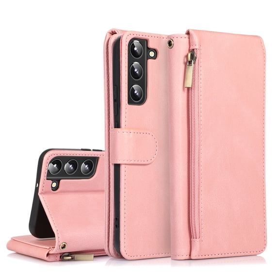ELEHOLD Leather Wallet Case for Samsung Galaxy A54 5G,with 8 Card Slots Zipper Pocket Wrist Strap Kickstand Function Premium Luxury Leather Case,Rosegold