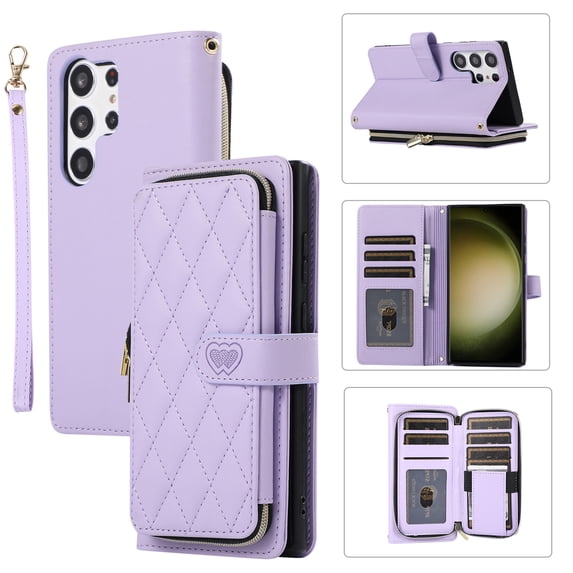ELEHOLD Leather Wallet Case for Samsung Galaxy S20 FE with Zipper Card Wallet Pocket Magnetic Buckle Stand Function Detachable Crossbody Metal Chain Strap Lanyard Shockproof Case,purple