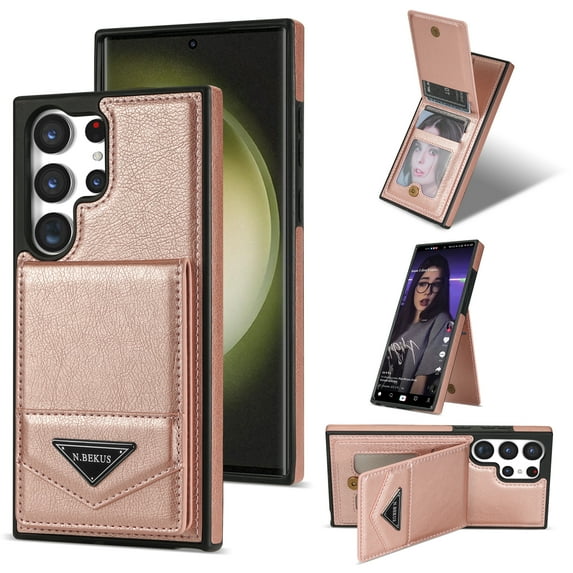 ELEHOLD Leather Wallet Case for Samsung Galaxy S22 Ultra with Back Flip Card Slots Magnetic Buckle Kickstand Function Shockproof Protective Leather Case for Samsung Galaxy S22 Ultra,pink