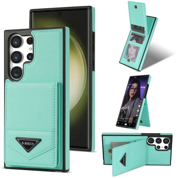 ELEHOLD Leather Wallet Case for Samsung Galaxy S22 Ultra with Back Flip Card Slots Magnetic Buckle Kickstand Function Shockproof Protective Leather Case for Samsung Galaxy S22 Ultra,mint
