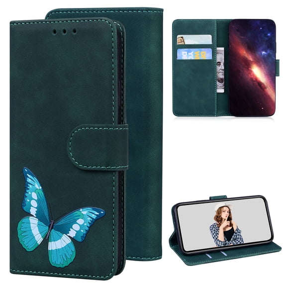 ELEHOLD Leather Wallet Case for Samsung Galaxy S22 Ultra,Butterfly Pattern with Card Slots Kickstand Magnetic Clasp Shockproof Protective Case for Women Girls,Green