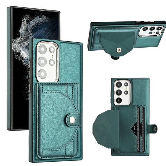 ELEHOLD Leather Wallet Case For Samsung Galaxy S22 Ultra,Premium Leather Material with Back Card Holders Magnetic Button Full Body Shockproof Luxury Case,Green