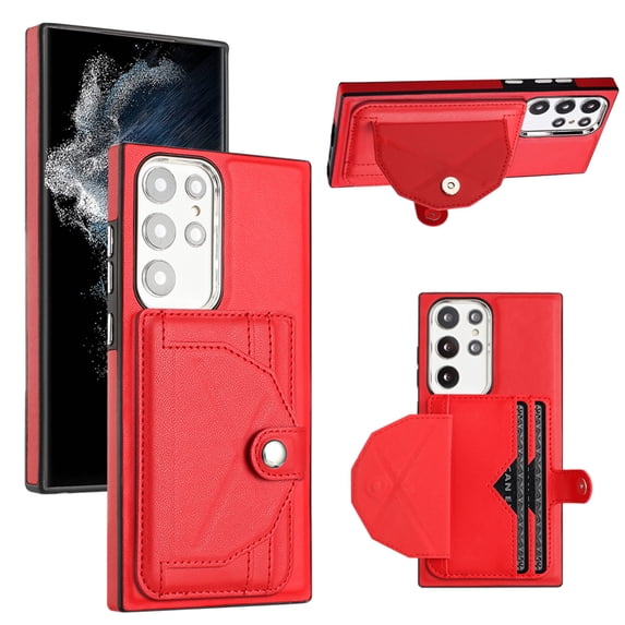 ELEHOLD Leather Wallet Case For Samsung Galaxy S22 Ultra,Premium Leather Material with Back Card Holders Magnetic Button Full Body Shockproof Luxury Case,Red