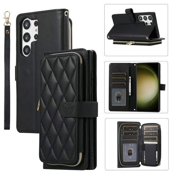 ELEHOLD Leather Wallet Case for Samsung Galaxy S23 Plus with Zipper Card Wallet Pocket Magnetic Buckle Stand Function Detachable Crossbody Metal Chain Strap Lanyard Shockproof Case,black