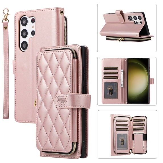 ELEHOLD Leather Wallet Case for Samsung Galaxy S23 Plus with Zipper Card Wallet Pocket Magnetic Buckle Stand Function Detachable Crossbody Metal Chain Strap Lanyard Shockproof Case,rosegold