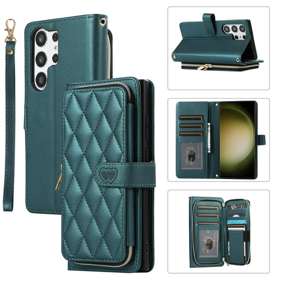 ELEHOLD Leather Wallet Case for Samsung Galaxy S23 Ultra with Zipper Card Wallet Pocket Magnetic Buckle Stand Function Detachable Crossbody Metal Chain Strap Lanyard Shockproof Case,darkgreen