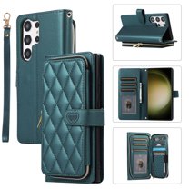 ELEHOLD Leather Wallet Case for Samsung Galaxy S23 with Zipper Card Wallet Pocket Magnetic Buckle Stand Function Detachable Crossbody Metal Chain Strap Lanyard Shockproof Case,darkgreen
