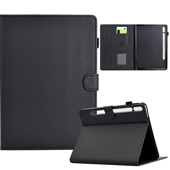 ELEHOLD Leather Wallet Case For Samsung Galaxy Tab S8 Fiber Pattern Lightweight Folio Stand Cover, Auto Sleep&Week Function, Full Body Protection, Black