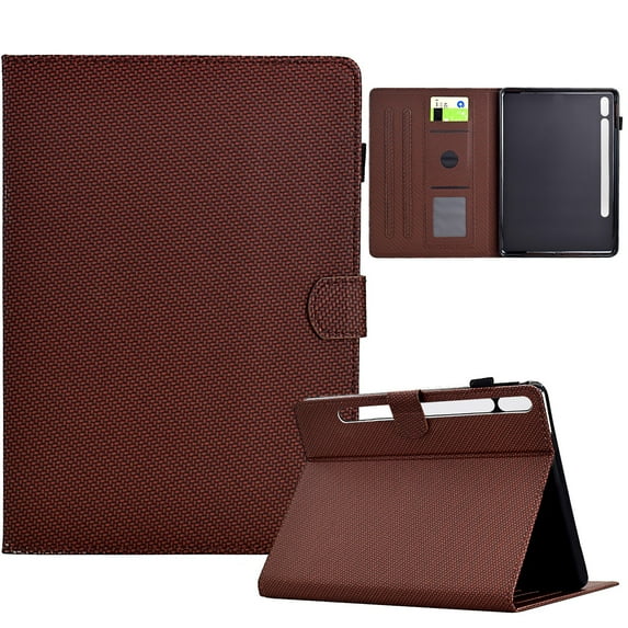 ELEHOLD Leather Wallet Case For Samsung Galaxy Tab S8 Fiber Pattern Lightweight Folio Stand Cover, Auto Sleep&Week Function, Full Body Protection, Brown