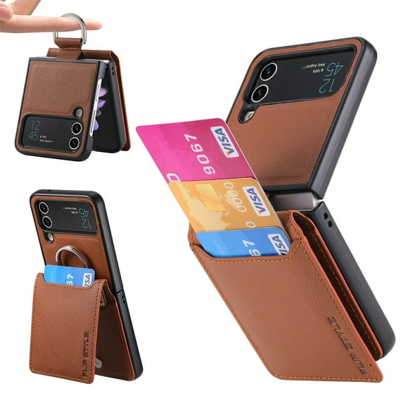 ELEHOLD Leather Wallet Case for Samsung Galaxy Z Flip 2/1 with Card Slots Finger Ring Holder Slim Thin Premium PU Leather Anti-Scratch Shockproof Protective Case for Men Women,Brown