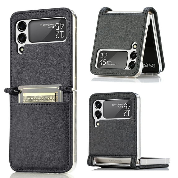 ELEHOLD Leather Wallet Case for Samsung Galaxy Z Flip 3 Lychee Pattern with Card Slots, Slim Thin Premium PU Leather Anti-Scratch Shockproof Protective Case for Men Women, Black