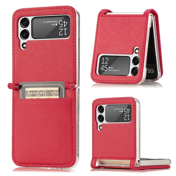 ELEHOLD Leather Wallet Case for Samsung Galaxy Z Flip 3 Lychee Pattern with Card Slots, Slim Thin Premium PU Leather Anti-Scratch Shockproof Protective Case for Men Women, Red