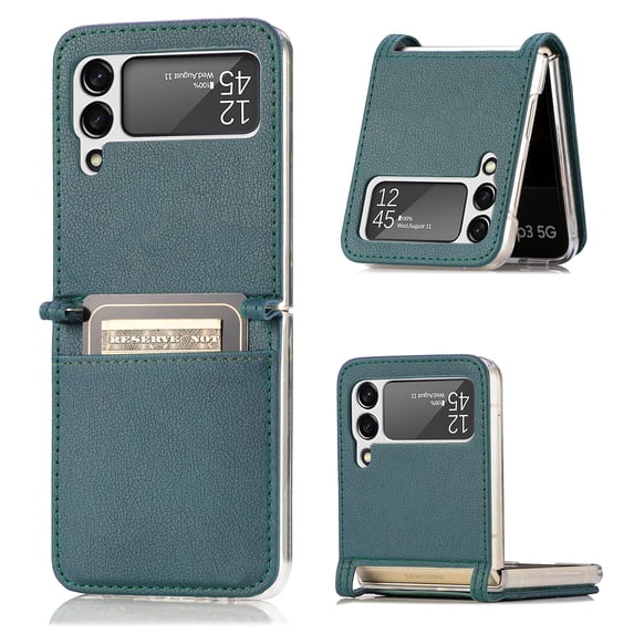 ELEHOLD Leather Wallet Case for Samsung Galaxy Z Flip 3 Lychee Pattern with Card Slots, Slim Thin Premium PU Leather Anti-Scratch Shockproof Protective Case for Men Women, Darkgreen