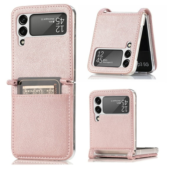 ELEHOLD Leather Wallet Case for Samsung Galaxy Z Flip 3 Lychee Pattern with Card Slots, Slim Thin Premium PU Leather Anti-Scratch Shockproof Protective Case for Men Women, Pink