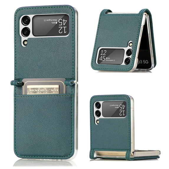ELEHOLD Leather Wallet Case for Samsung Galaxy Z Flip 4 Lychee Pattern with Card Slots, Slim Thin Premium PU Leather Anti-Scratch Shockproof Protective Case for Men Women, Darkgreen