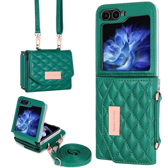 ELEHOLD Leather Wallet Case For Samsung Galaxy Z Flip 4, PU Leather Crossbody Strap Card Slots Drop Protective Phone Case Hinge Cover, Stand Feature, Green