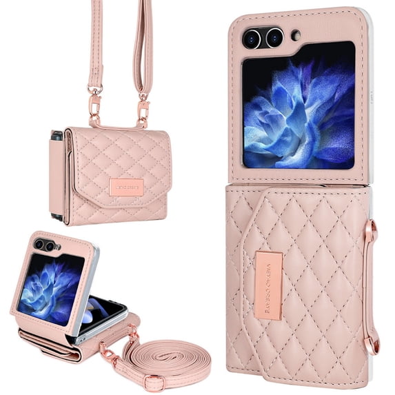 ELEHOLD Leather Wallet Case For Samsung Galaxy Z Flip 4, PU Leather Crossbody Strap Card Slots Drop Protective Phone Case Hinge Cover, Stand Feature, Pink