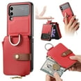 thumbnail image 1 of ELEHOLD Leather Wallet Case for Samsung Galaxy Z Flip 4, Premium Lychee Pattern Leather with Card Slots Zipper Pocket Metal Finger Ring Holder Luxury Purse Case for Samsung Z Flip 4,Red, 1 of 9