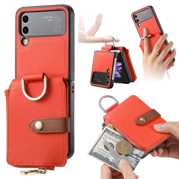 ELEHOLD Leather Wallet Case for Samsung Galaxy Z Flip 4, Premium Lychee Pattern Leather with Card Slots Zipper Pocket Metal Finger Ring Holder Luxury Purse Case for Samsung Z Flip 4,Orange