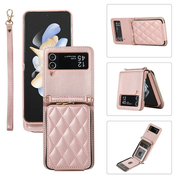 ELEHOLD Leather Wallet Case for Samsung Galaxy Z Flip 4 with Zipper Card Wallet Pocket Magnetic Buckle Stand Function Detachable Crossbody Metal Chain Strap Lanyard Shockproof Case,rosegold
