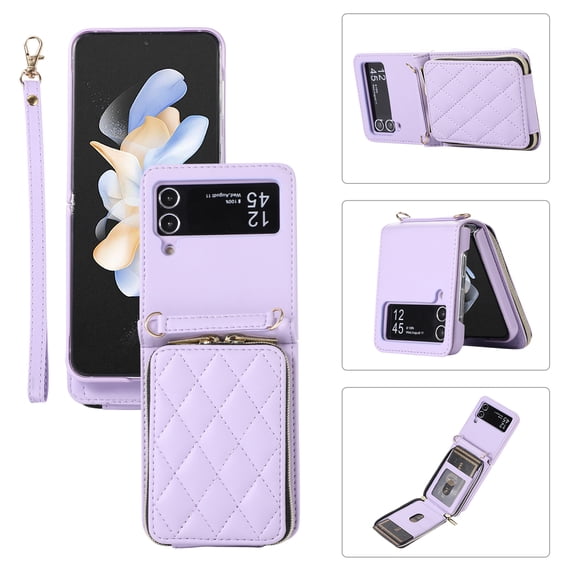 ELEHOLD Leather Wallet Case for Samsung Galaxy Z Flip 4 with Zipper Card Wallet Pocket Magnetic Buckle Stand Function Detachable Crossbody Metal Chain Strap Lanyard Shockproof Case,purple