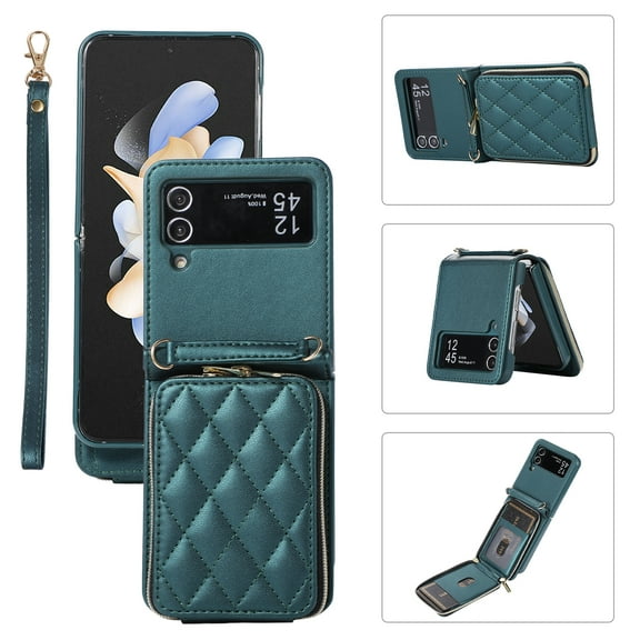 ELEHOLD Leather Wallet Case for Samsung Galaxy Z Flip 4 with Zipper Card Wallet Pocket Magnetic Buckle Stand Function Detachable Crossbody Metal Chain Strap Lanyard Shockproof Case,darkgreen